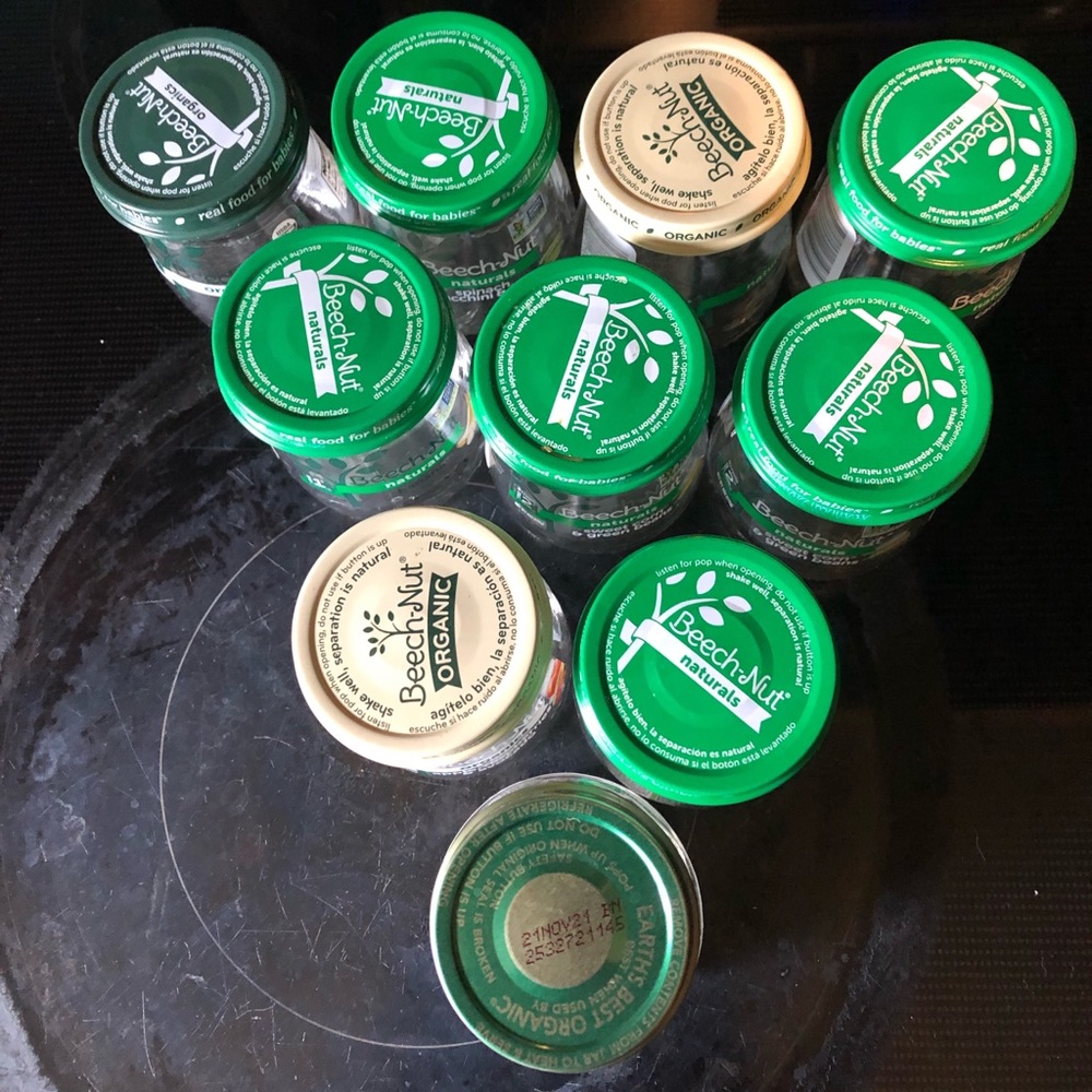 10 EMPTY Clean Glass Baby Food Jars&Lids Beechnut